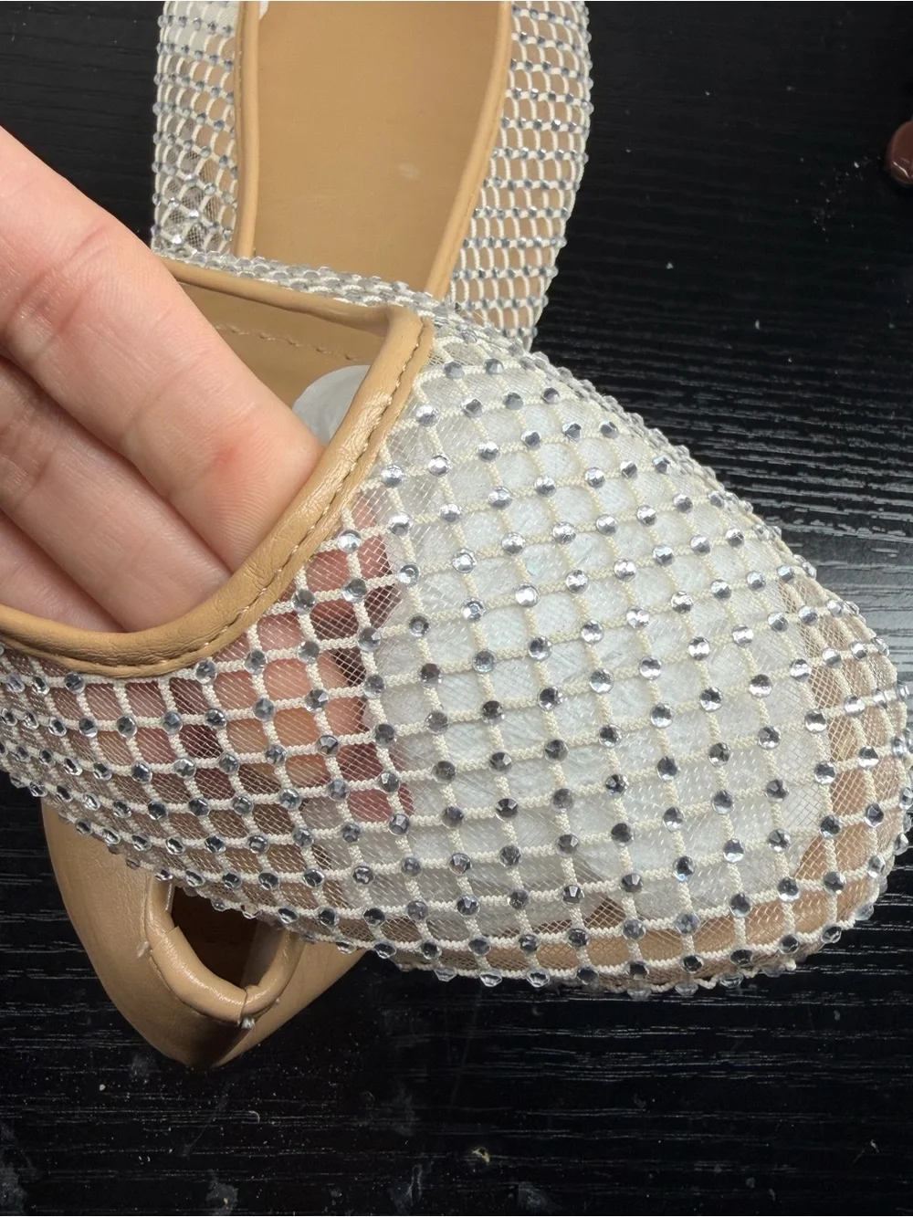 Women's Beige Mesh Ballet Flats with Rhinestone Accent